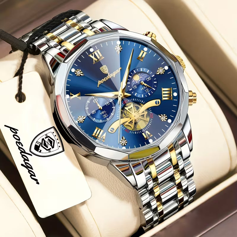 Men’s Luxury Steel Band Watch with Sun & Moon Day-Night Display – Waterproof Quartz Business Watch