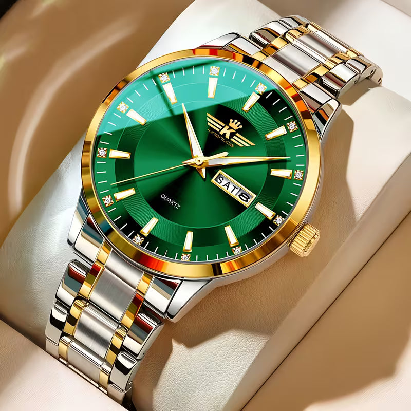 Men’s Elegant Dual Calendar Steel Band Watch with Luminous Markings – Stylish Business & Casual Timepiece