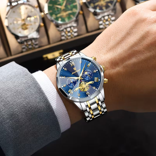 Men’s Luxury Steel Band Watch with Sun & Moon Day-Night Display – Waterproof Quartz Business Watch