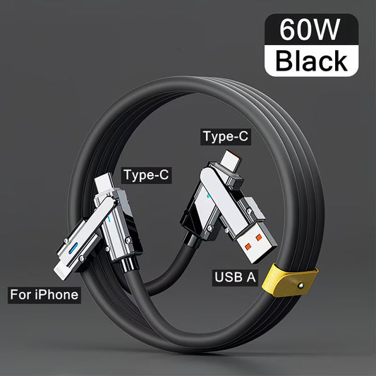 60W 4-in-1 Fast Charging USB Cable – Compatible with iPhone, Samsung, Xiaomi & Huawei