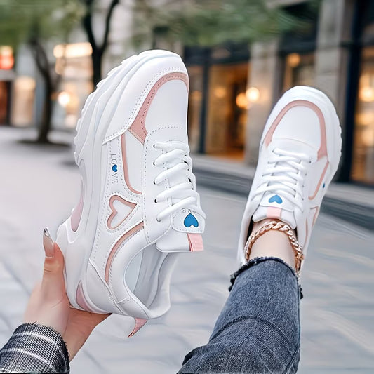 Women’s Lightweight Heart Design Lace-Up Sneakers – Comfortable Everyday Casual Shoes