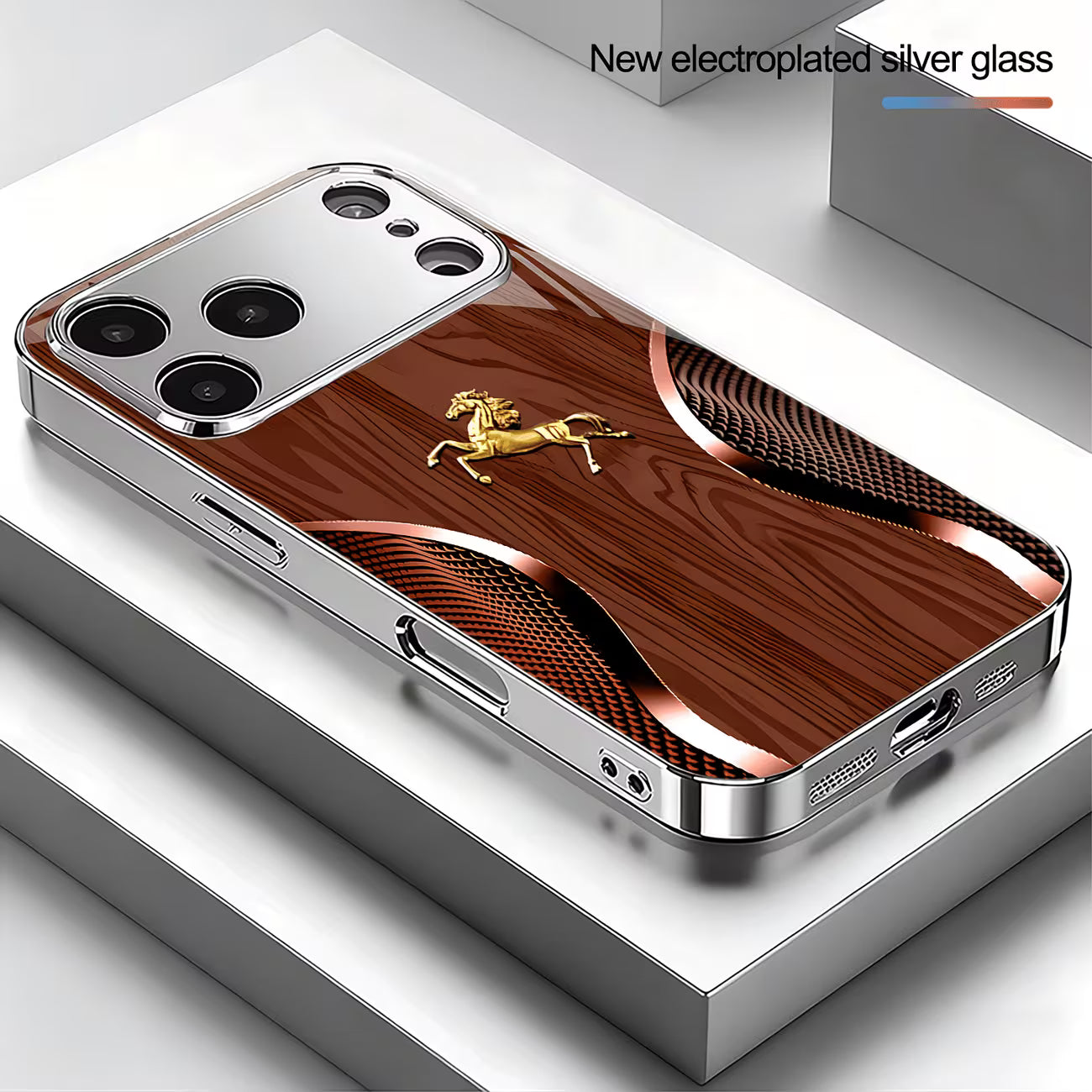 Luxury Golden Horse Wood Grain iPhone Case – Silvery Plated Protection for iPhone 17/16 Pro Max