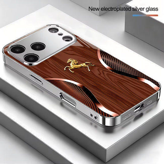 Luxury Golden Horse Wood Grain iPhone Case – Silvery Plated Protection for iPhone 17/16 Pro Max