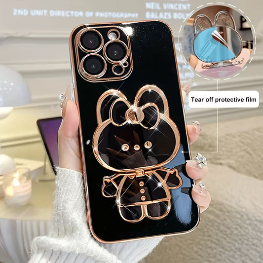 Cute 3D Rabbit Stand Phone Case with Wrist Strap – Slim Electroplated Soft Cover for iPhone 11–16 Series