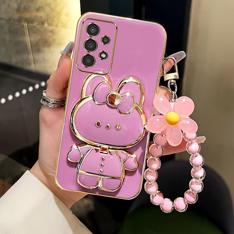 Cute 3D Rabbit Stand Phone Case with Wrist Strap – Slim Electroplated Soft Cover for iPhone 11–16 Series