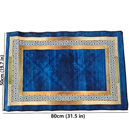 Luxury Velvet Rectangle Mat – Blue & Gold Geometric Polyester Carpet (78.74x50.8 cm)