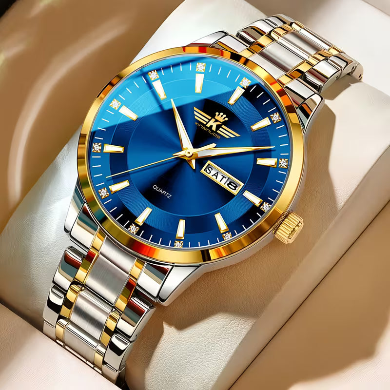 Men’s Elegant Dual Calendar Steel Band Watch with Luminous Markings – Stylish Business & Casual Timepiece