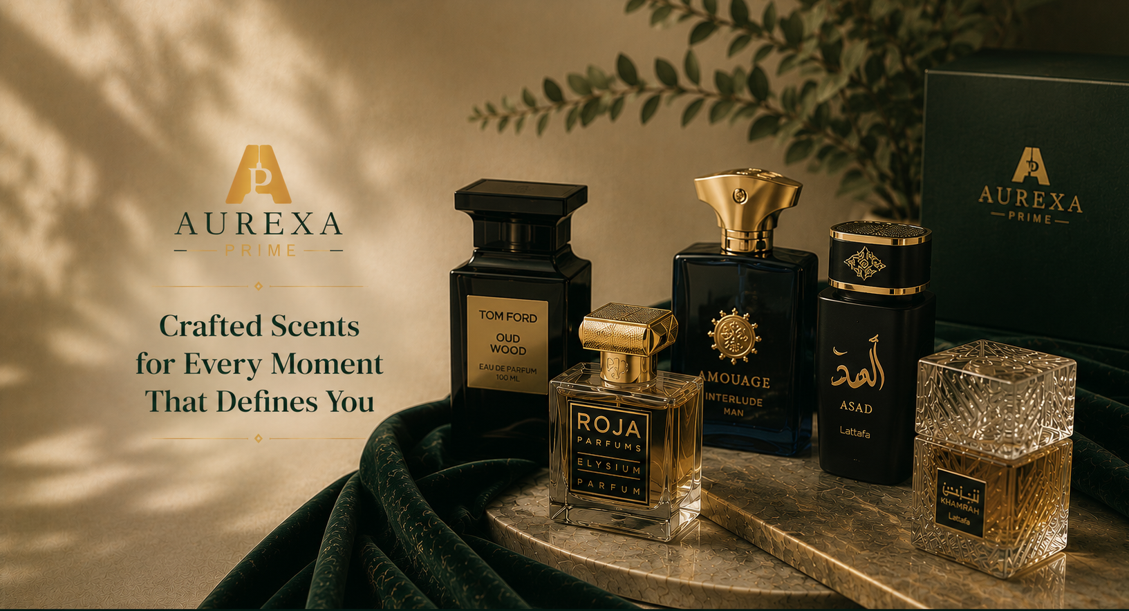 Collection of perfume bottles on a table with Aurexa branding in the background.