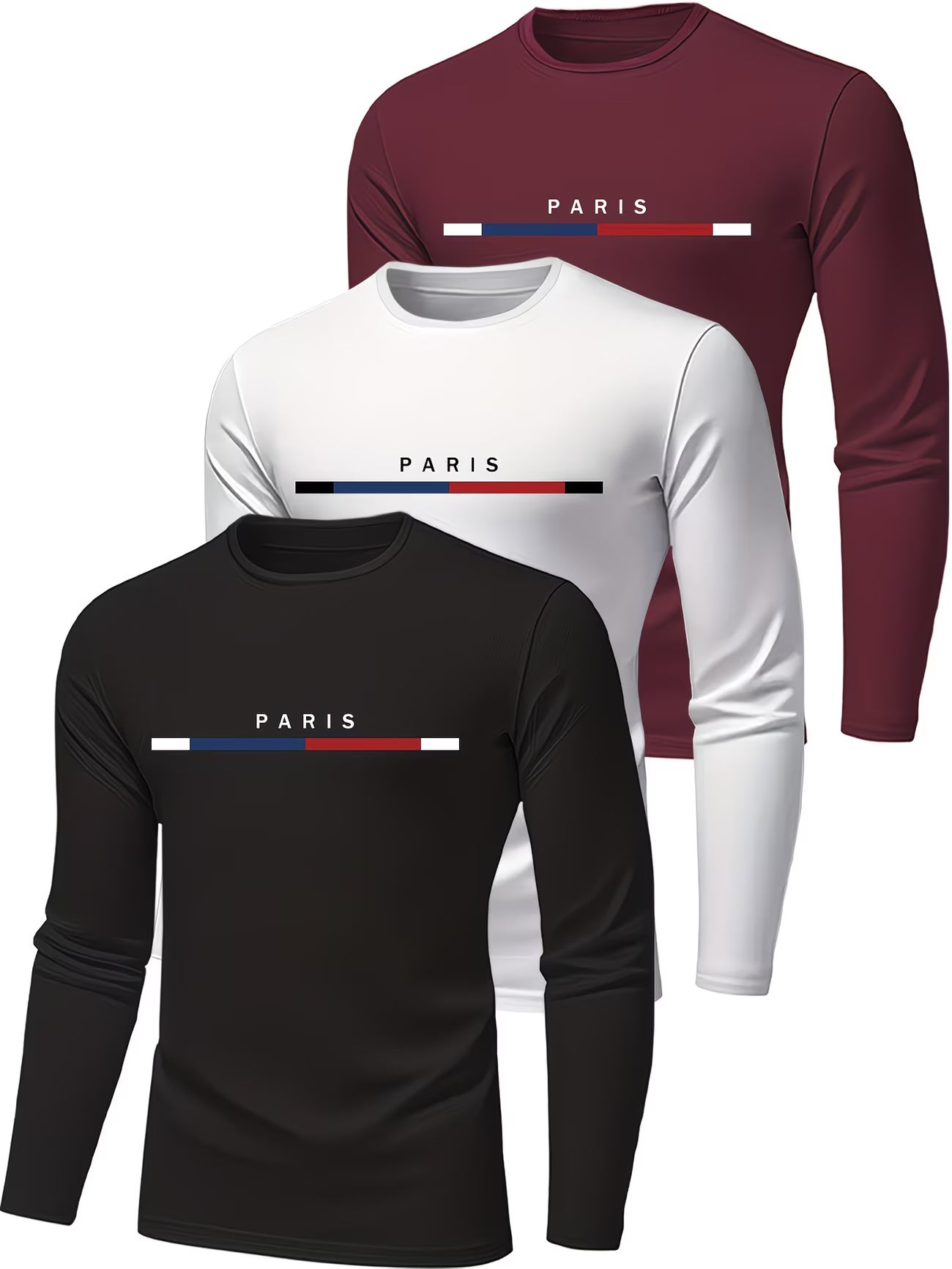 Set of 3 Men’s Long-Sleeve T-Shirts – Breathable Polyester with Paris Print, Regular Fit