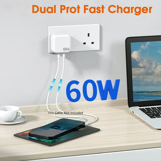 60W GaN 2-Port USB-C Fast Charger – PD Wall Charger with Braided Cable