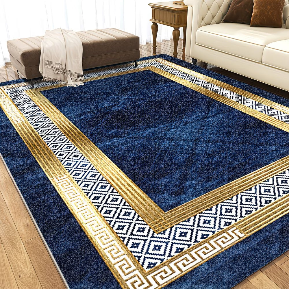 Luxury Velvet Rectangle Mat – Blue & Gold Geometric Polyester Carpet (78.74x50.8 cm)