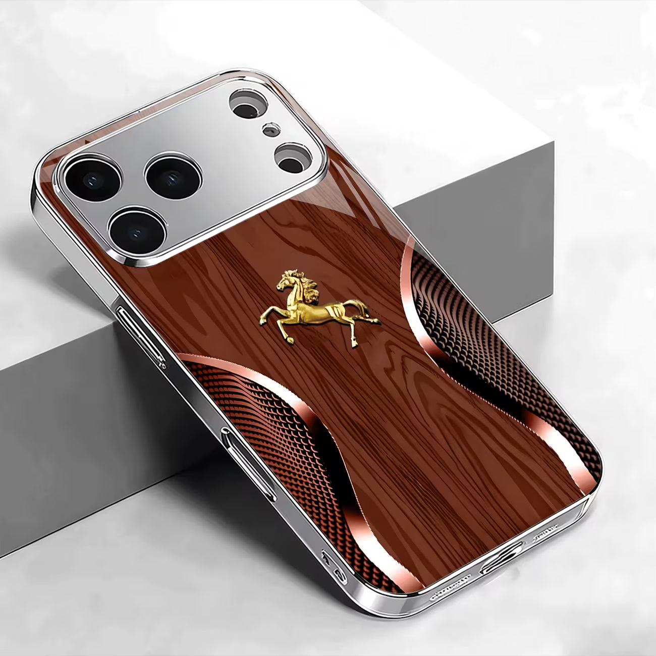 Luxury Golden Horse Wood Grain iPhone Case – Silvery Plated Protection for iPhone 17/16 Pro Max