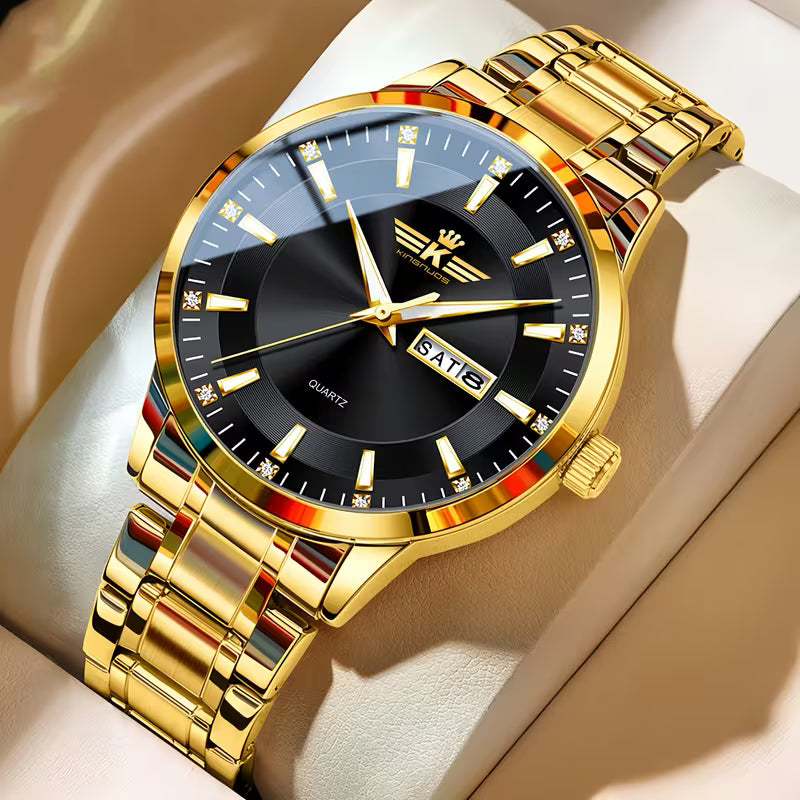 Men’s Elegant Dual Calendar Steel Band Watch with Luminous Markings – Stylish Business & Casual Timepiece