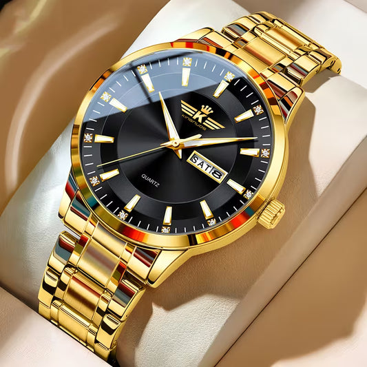 Men’s Elegant Dual Calendar Steel Band Watch with Luminous Markings – Stylish Business & Casual Timepiece