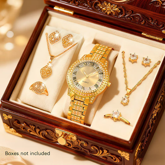 Women’s Elegant Quartz Watch & Jewelry Set – Includes 2 Shiny Necklaces, Rings & Earrings
