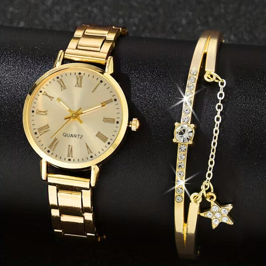 2PCS Fashionable & Elegant Women’s Quartz Watches with Roman Numerals and Star Bracelet