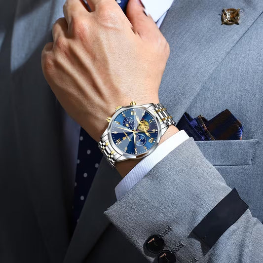 Men’s Luxury Steel Band Watch with Sun & Moon Day-Night Display – Waterproof Quartz Business Watch