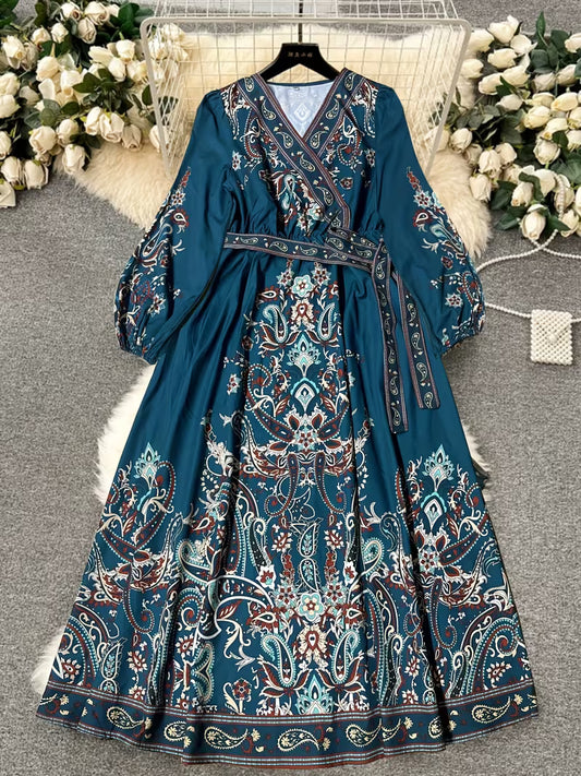 Elegant Middle Eastern A-Line Maxi Dress – Bell Sleeves, V-Neck & Waist Tie for Weddings & Parties
