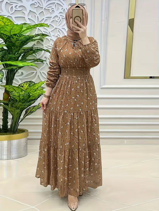 Long-Sleeved Abaya Dress with Pleated Waist & Ruffle Details – Elegant Women’s Apparel