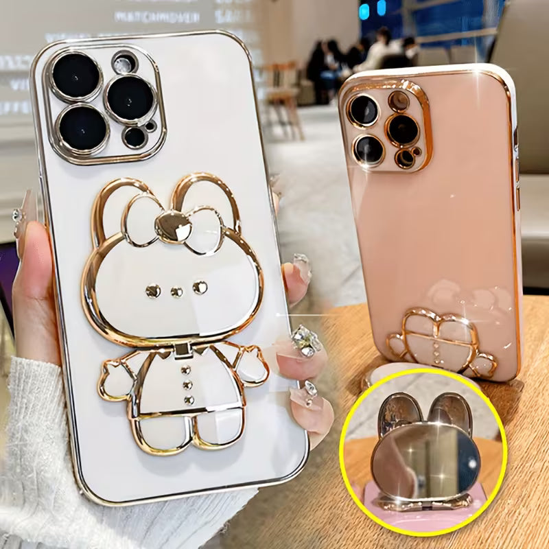 Cute 3D Rabbit Stand Phone Case with Wrist Strap – Slim Electroplated Soft Cover for iPhone 11–16 Series