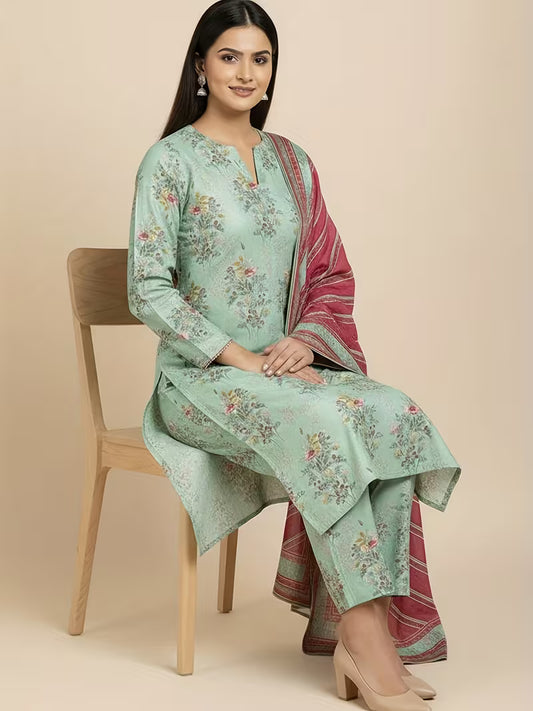 Middle Eastern Traditional Kaftan Set – Elegant Floral & Totem Pattern Top, Pants & Shawl in Soft Satin