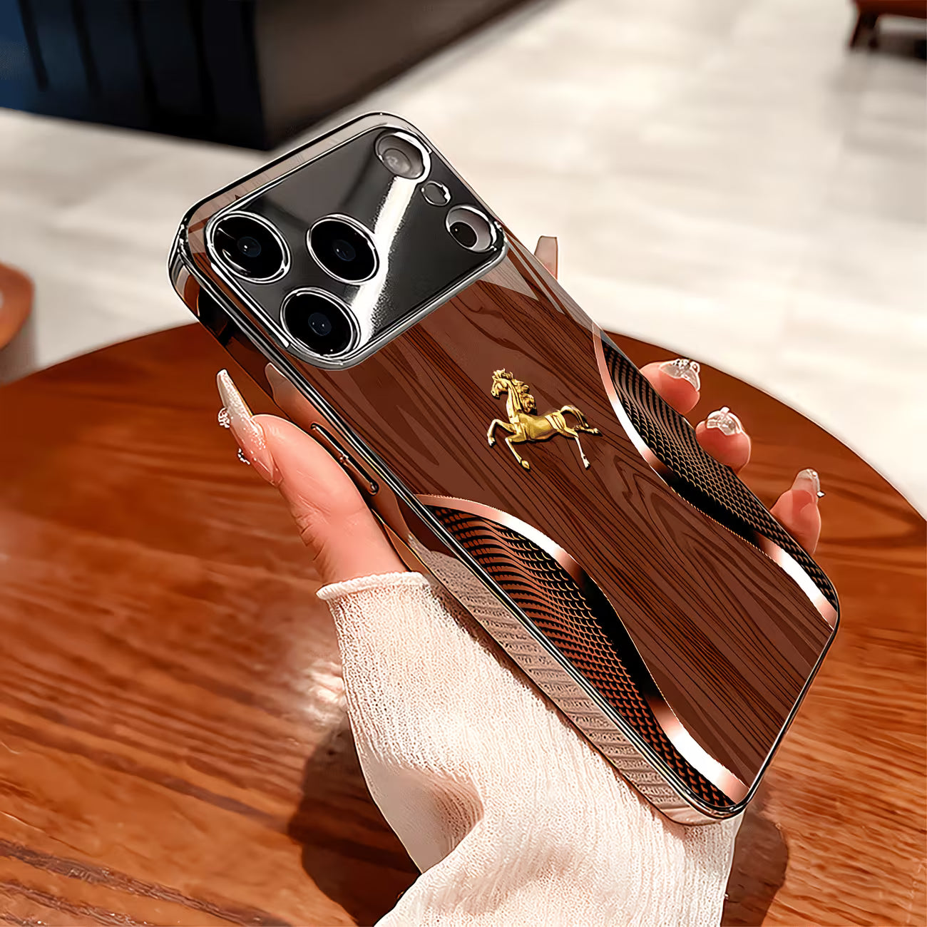 Luxury Golden Horse Wood Grain iPhone Case – Silvery Plated Protection for iPhone 17/16 Pro Max