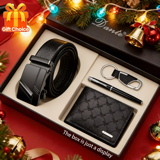 4PCS Men’s Luxury Gift Set – Classic Belt, Elegant Wallet, Minimalist Keychain & Premium Ballpoint Pen