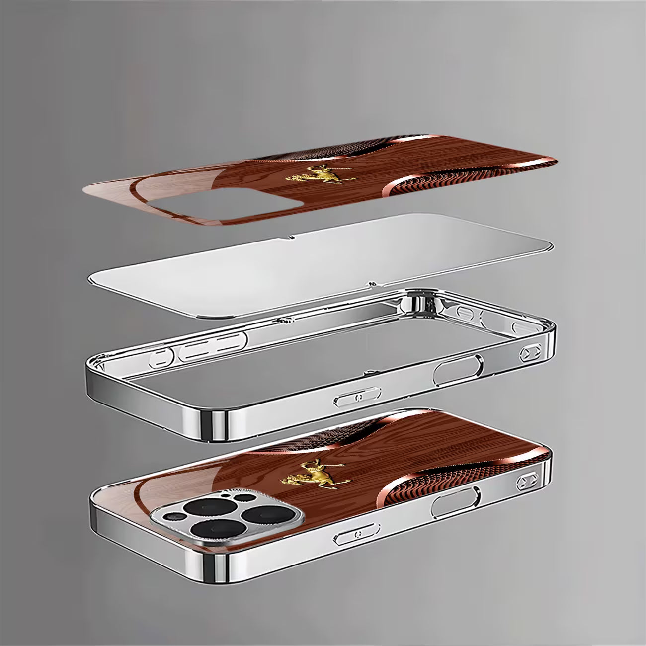 Luxury Golden Horse Wood Grain iPhone Case – Silvery Plated Protection for iPhone 17/16 Pro Max