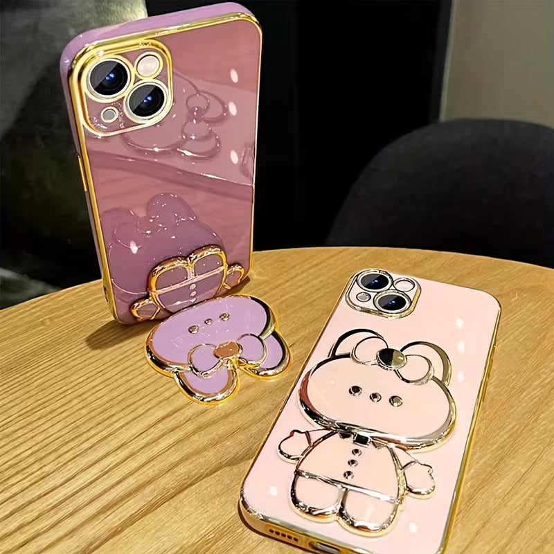 Cute 3D Rabbit Stand Phone Case with Wrist Strap – Slim Electroplated Soft Cover for iPhone 11–16 Series