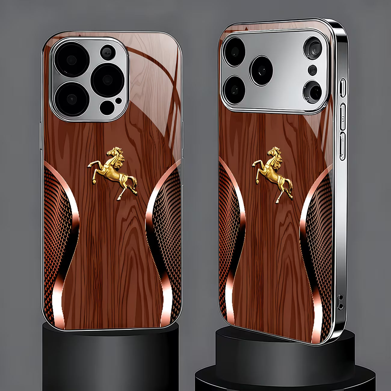 Luxury Golden Horse Wood Grain iPhone Case – Silvery Plated Protection for iPhone 17/16 Pro Max